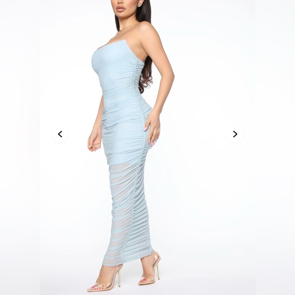 Fashion Nova Light Blue Ruched Sheer Dress